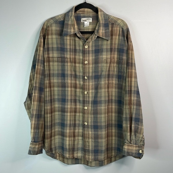 VINTAGE 90s Eldorado Reserve Mens Plaid Button Up Shirt Taupe Blue Cotton XXL - Picture 12 of 12